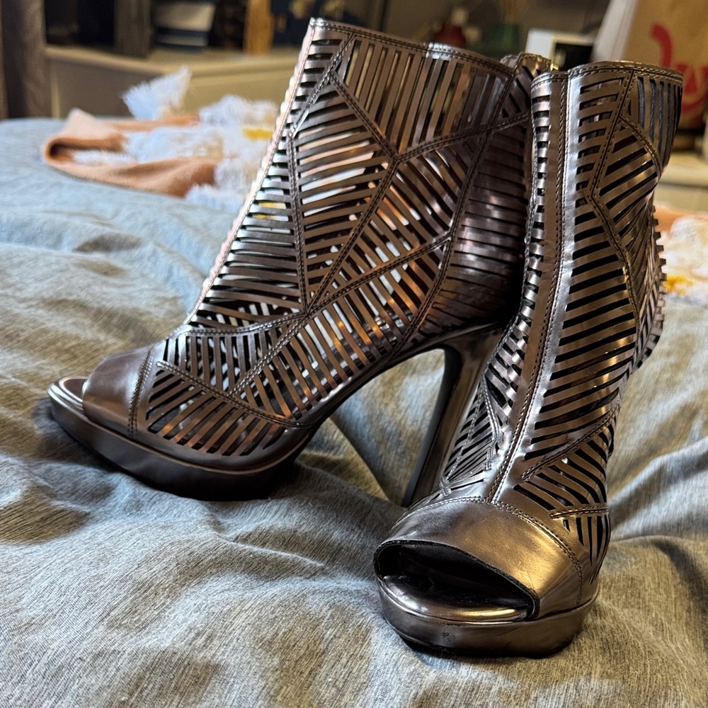BCBGeneration Metallic Bronze Laser-Cut Peep-Toe Ankle Heels